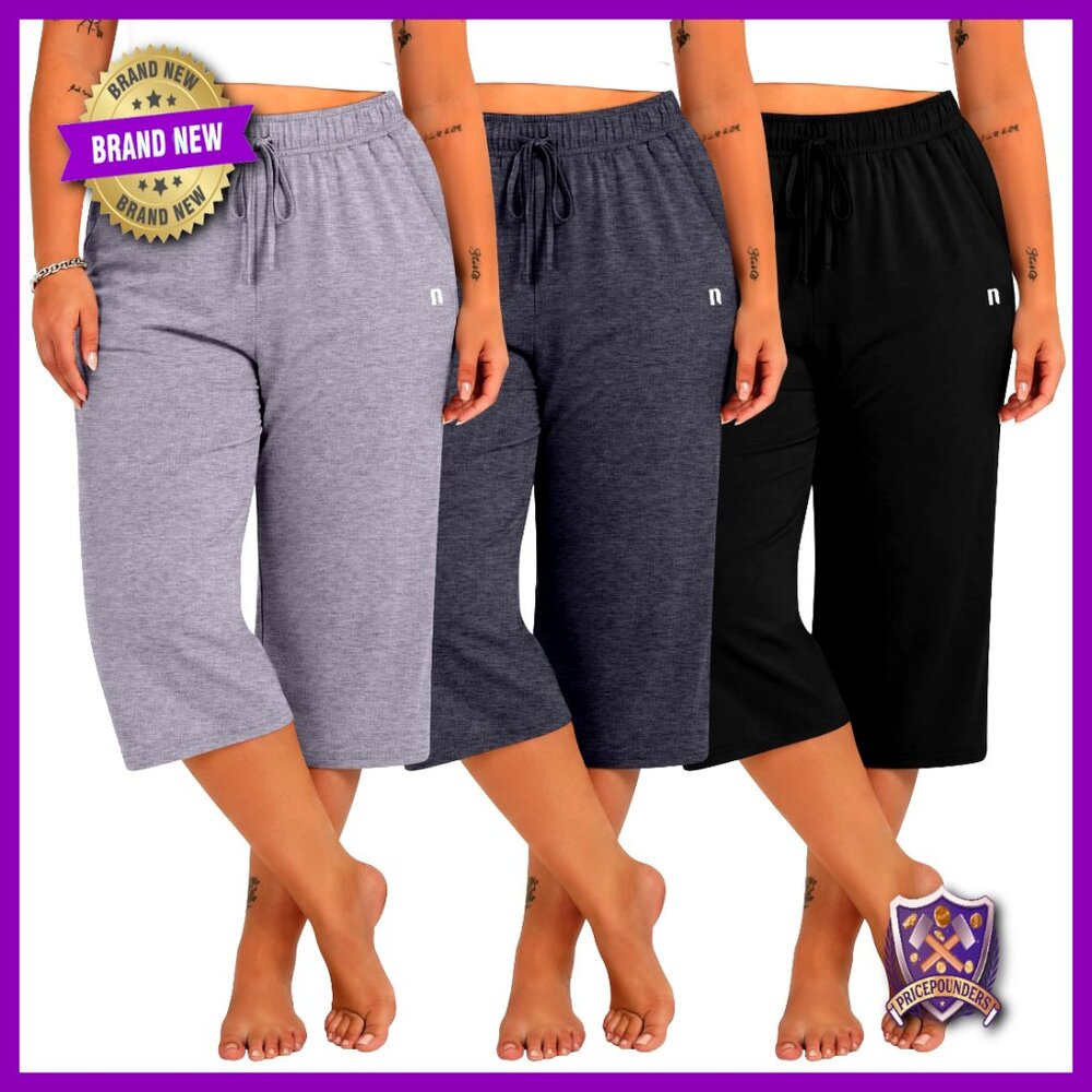 Plus Size Capri Sweatpants 3 Pack Wide Leg Drawstring Pockets Casual